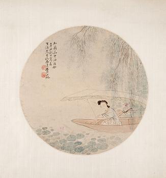 A painting with calligraphy attributed to Fei Danxu (1801-1850), of a woman in a boat on a lotus pond.