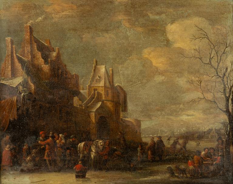 Dirck Maas, hans krets, Vinterbild med människor utanför staden.