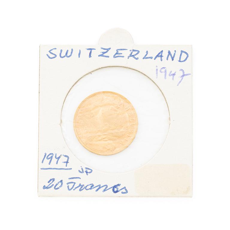 Gold coin, Switzerland, 20 Franc, 1947.