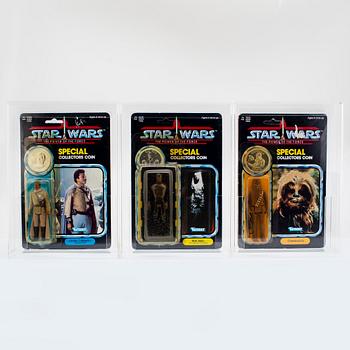 STAR WARS, Chewbacca, Han Solo (In Carbonite Chamber) & Lando Calrissian (General Pilot), POTF, 92 back, Kenner 1984.