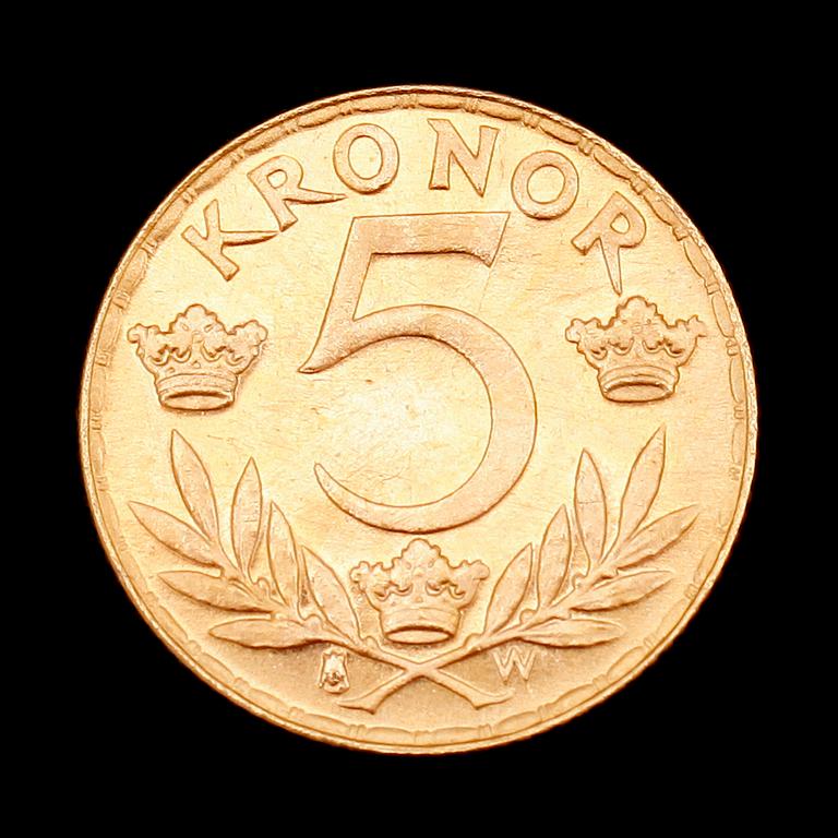 GULDMYNT, 5 kr, Gustaf V, 1920. Vikt ca 2 g.