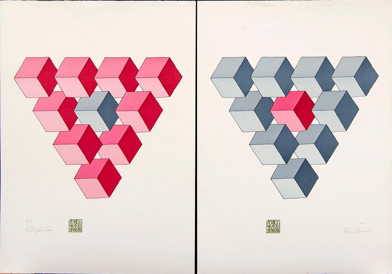 Oscar Reutersvärd, two color lithographs, signed HC.