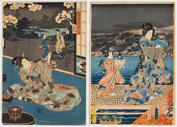 Utagawa Kunisada, Hana (Flowers) Kacho fugetsu no uchi och motiv av kurtisan och tjänare.