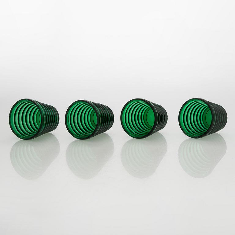 Aino Aalto, drinking glasses, 4 pcs, model 4052, and plate 'Bölgeblick', Karhula Glassworks, 1930s.