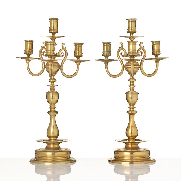 Candelabra, a pair of brass, Baroque style Gusums Bruk No 3, 20th century.