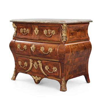 8. A Swedish early rococo parquetry, ormolu-mounted and marble commode, presumably by S. Pasch or J. Wulf , ca. 1740.