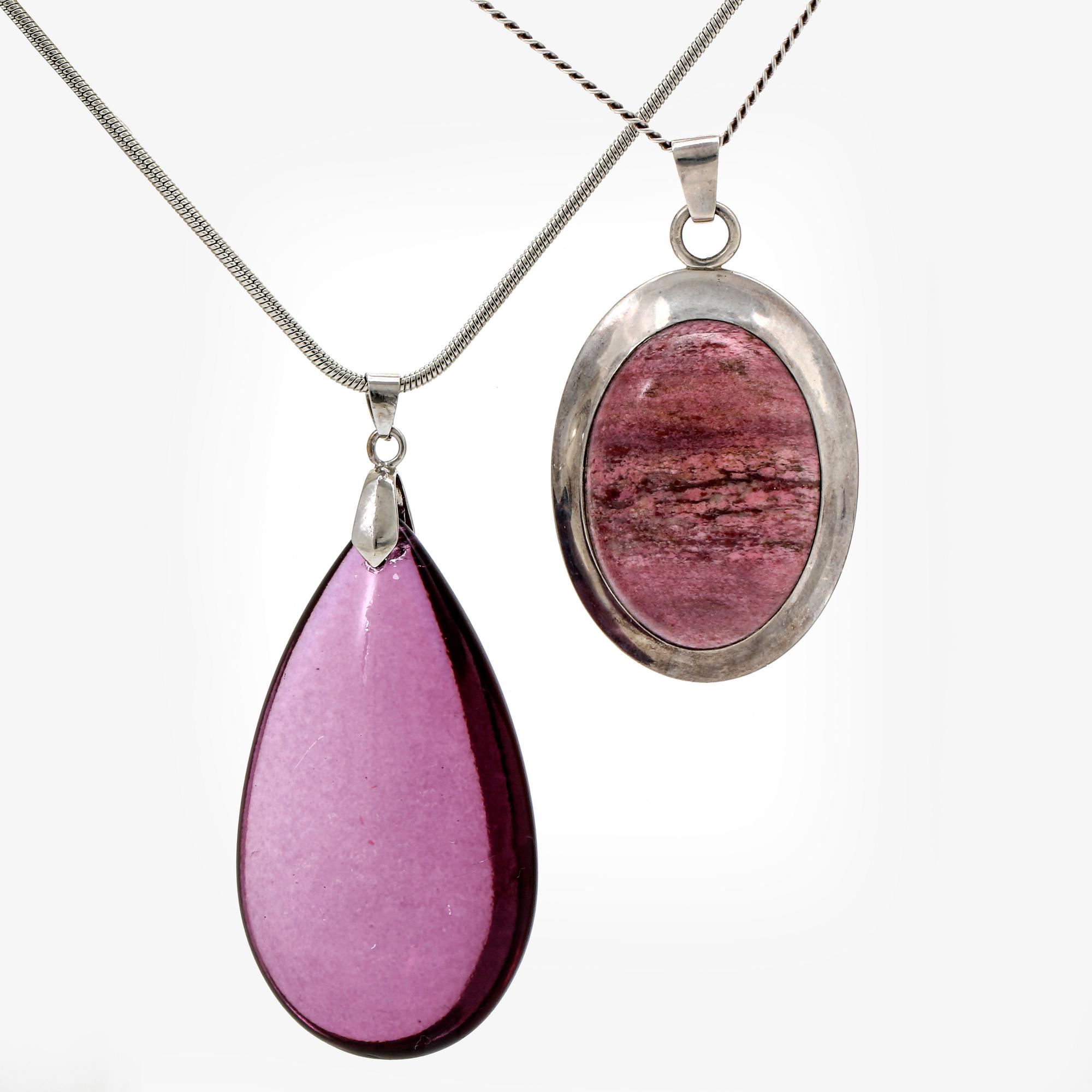 2 pendants with chains, 1 brooch, 1 ring, silver, rodochrosite, aventurine, metall, lilac drop probably glass, 4 pieces.