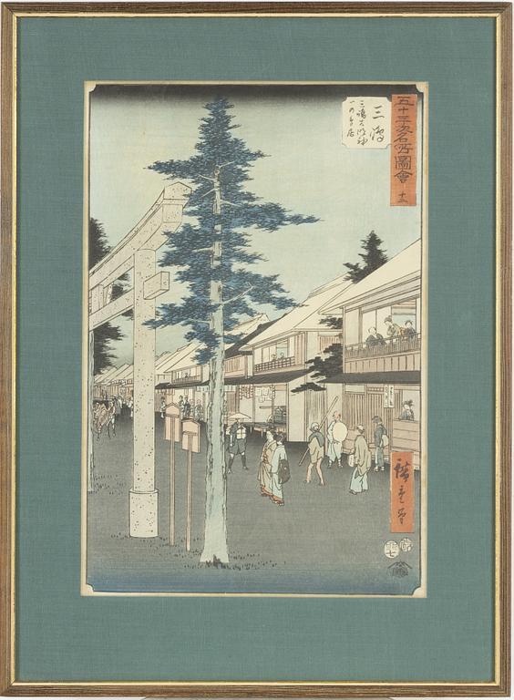 Ando Utagawa Hiroshige, after, three colour woodlbock prints, early 20th century.