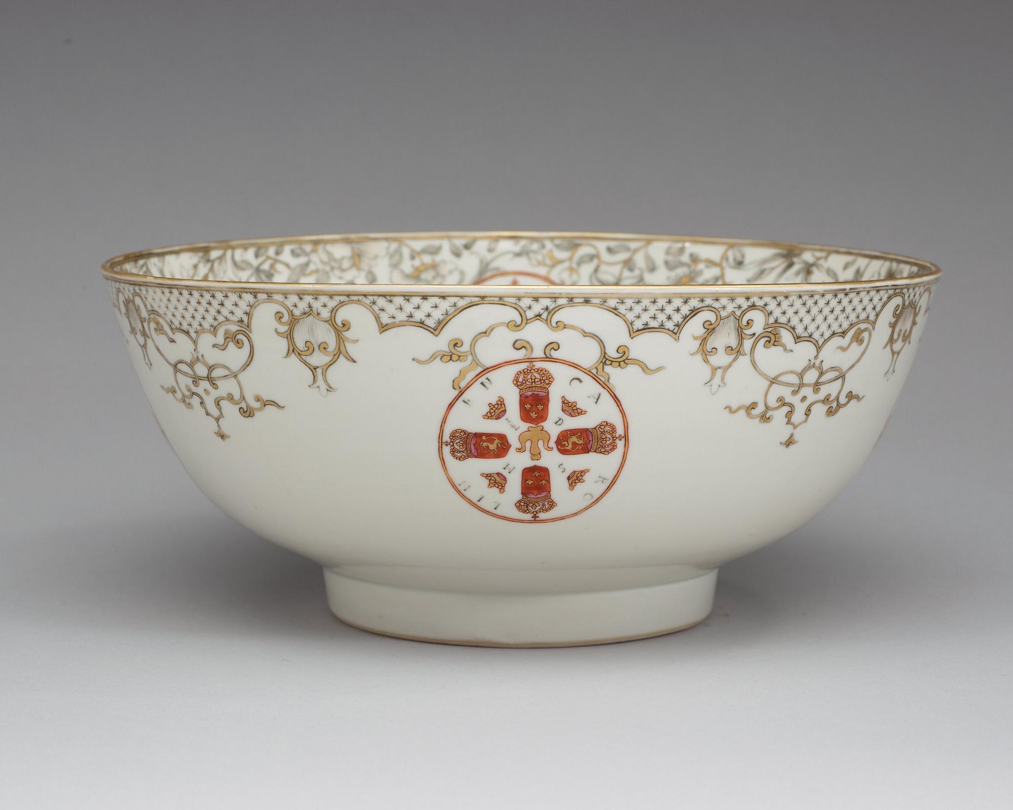 A rare grisaille armorial punch bowl, Qing dynasty, Yongzheng, 1730's.
