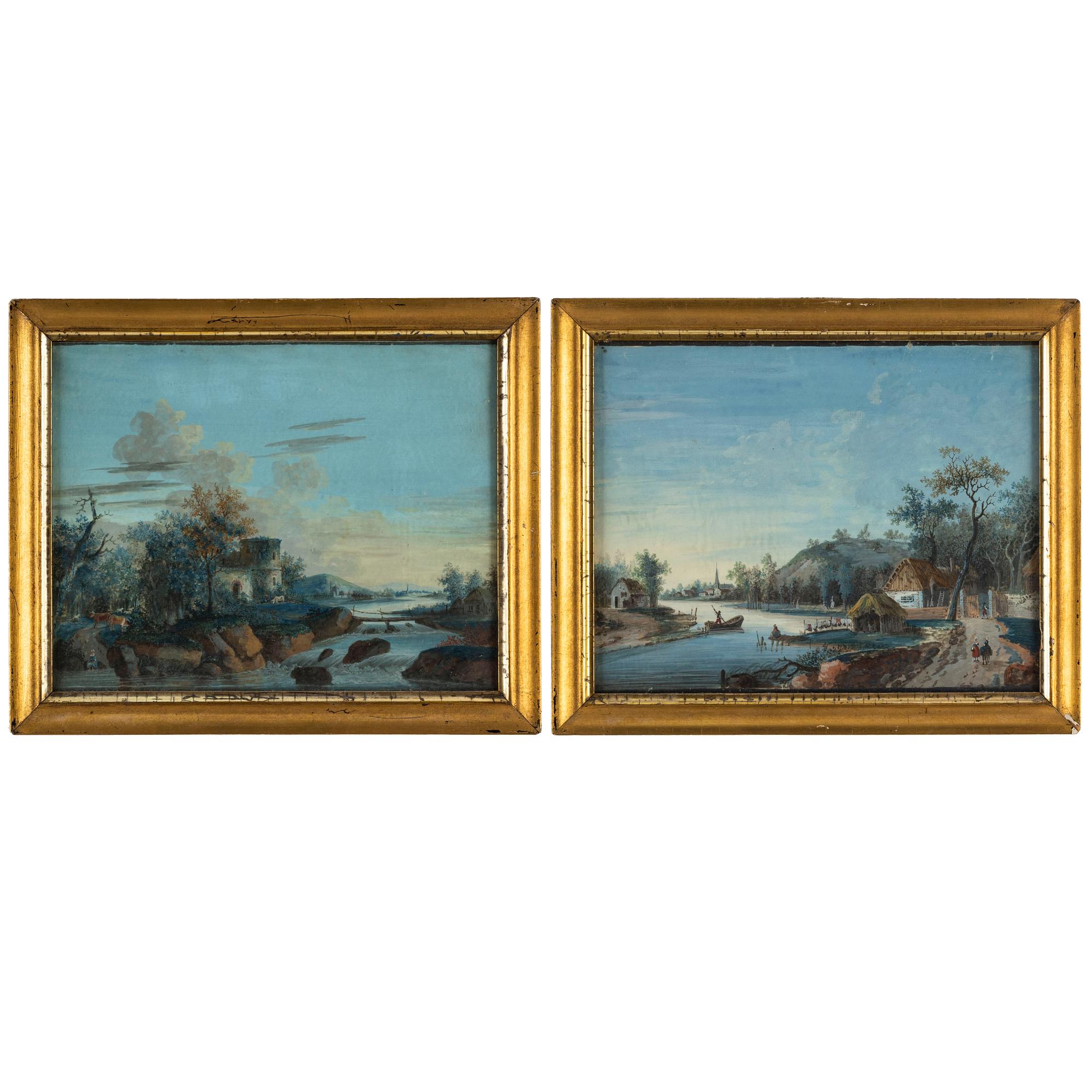 UNKNOWN ARTIST a pair of early 19th century decorative countryside landscapes.