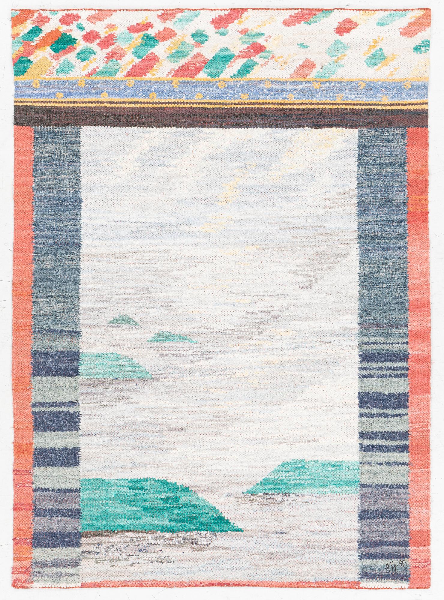 Susanne Henriques, vävnad, trasteknik, signerad SH -90, ca 163 x 118 cm.