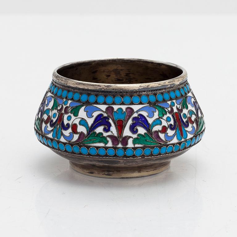 A cloisonné enamel silver gilt salt cellar,  Moscow 1895. Unclear maker's mark.