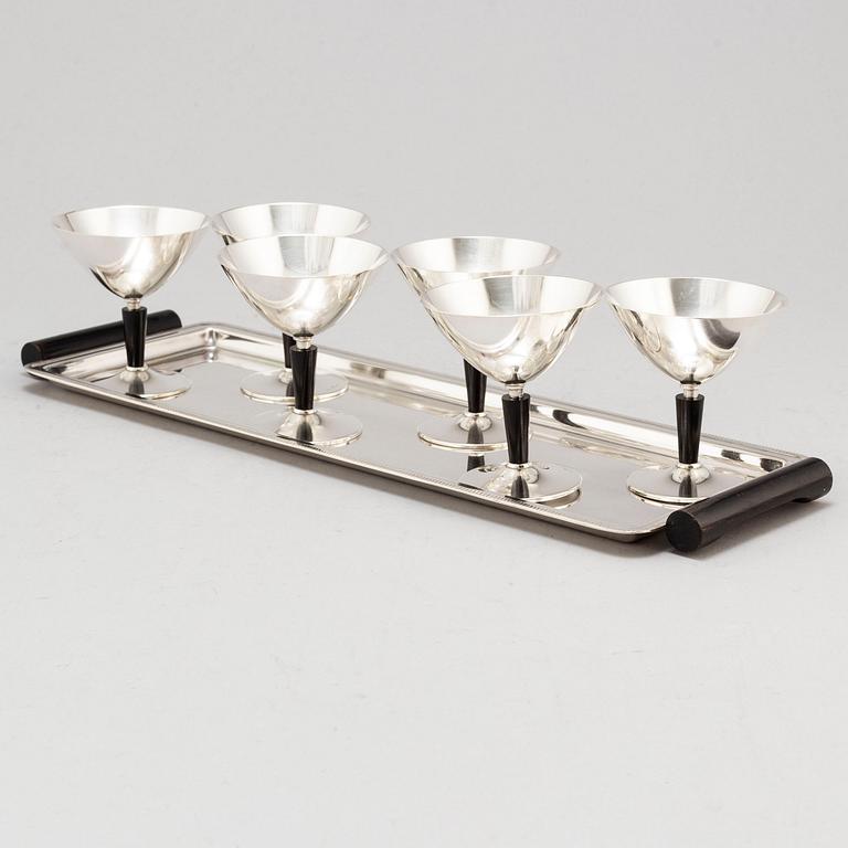 FOLKE ARSTRÖM, cocktailglas, 6 st, samt  bricka, nysilver, 1930/40-tal.