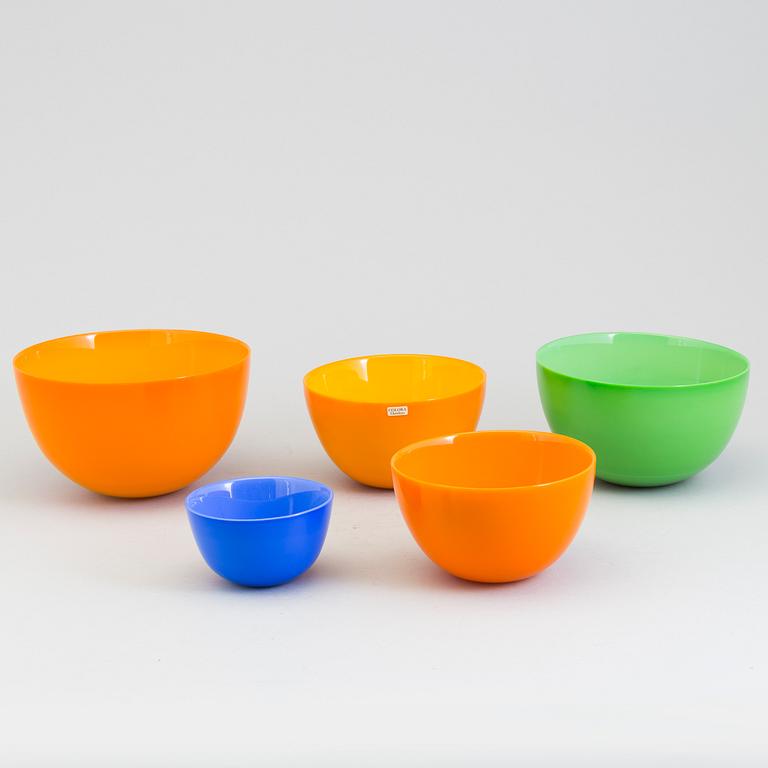 SVEN PALMQVIST, Orrefors, 5 skålar av glas, "Colora", 1960-tal.