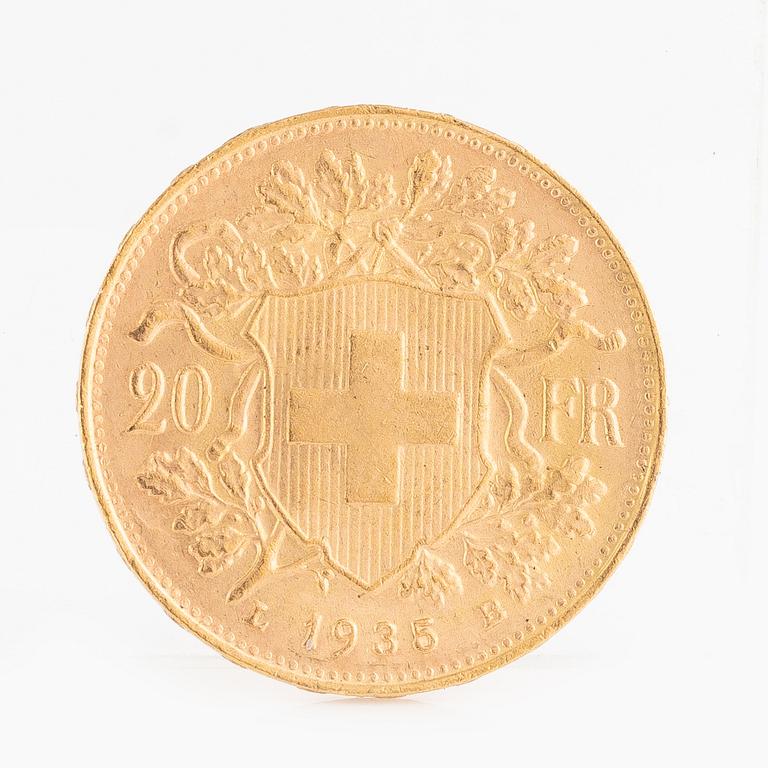 A Swiss gold coin, 20 Franc, 1935 LB.