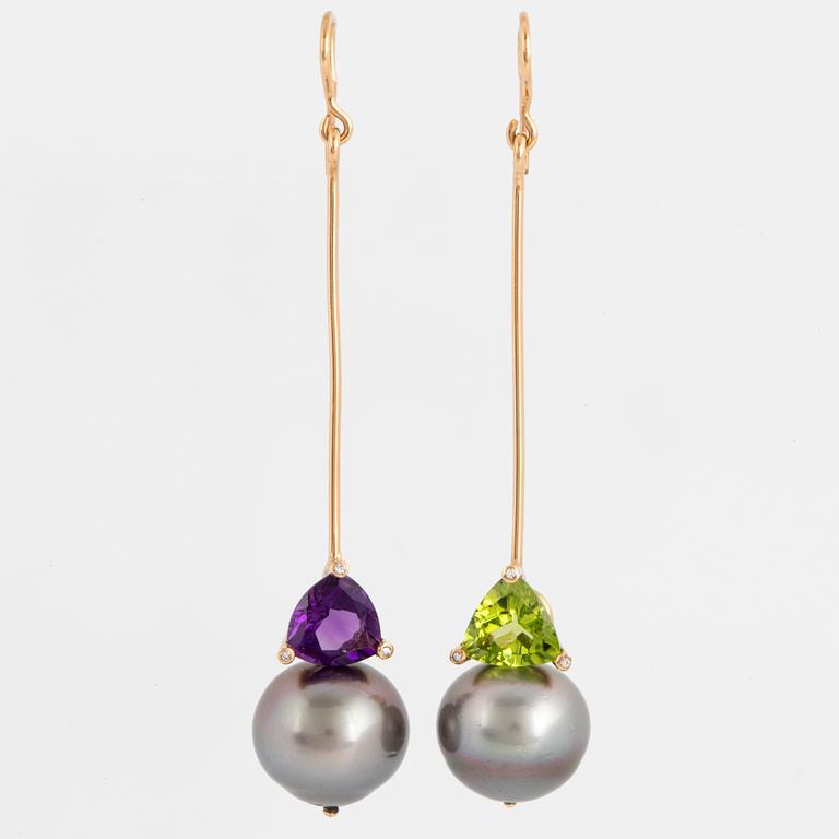 Cultured Tahiti pearl, peridot and amethyst earrings.