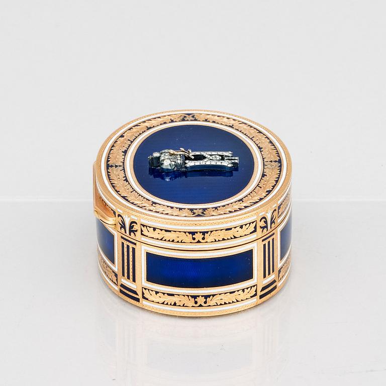 An Imperial Presentation jewelled gold and enamel box, Alexander Treiden for Hahn, St Petersburg before 1899.