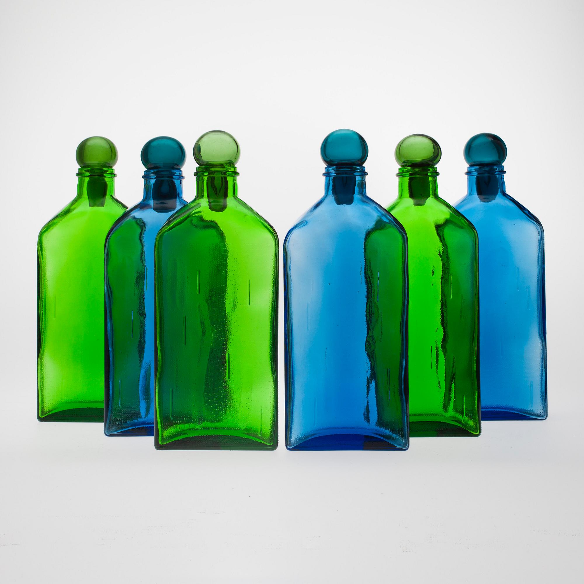 FLASKOR, 6 st, glas, "Lankkupullo" Helena Tynell, Riihimäen Lasi 1970-tal.
