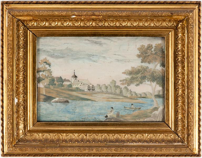 BRODERADE TAVLOR, ETT PAR, 1800-tal.