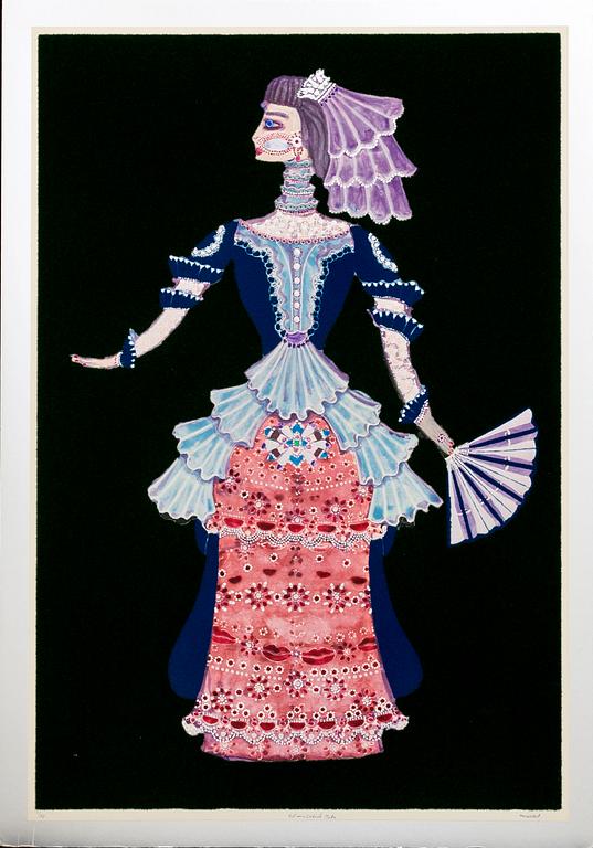 MAX WALTER SVANBERG, 3 st akvarellerade, metallpräglade reproduktioner med textilstoff, signerade och numrerade.