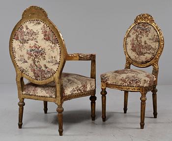 FÅTÖLJER, ett par samt STOLAR, ett par, Louis XVI-stil, 1900-tal.