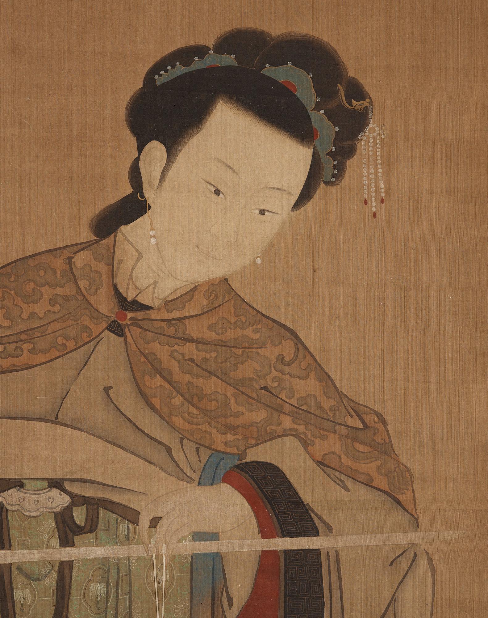 RULLMÅLNING, dam och tjänarinna med en våg, i Qiu Yings stil (c. 1494-1551), sen Qingdynastin (1644-1912).