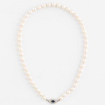 A cultured pearl neckalce with an 18K white gold clasp set with a sapphire and diamonds.