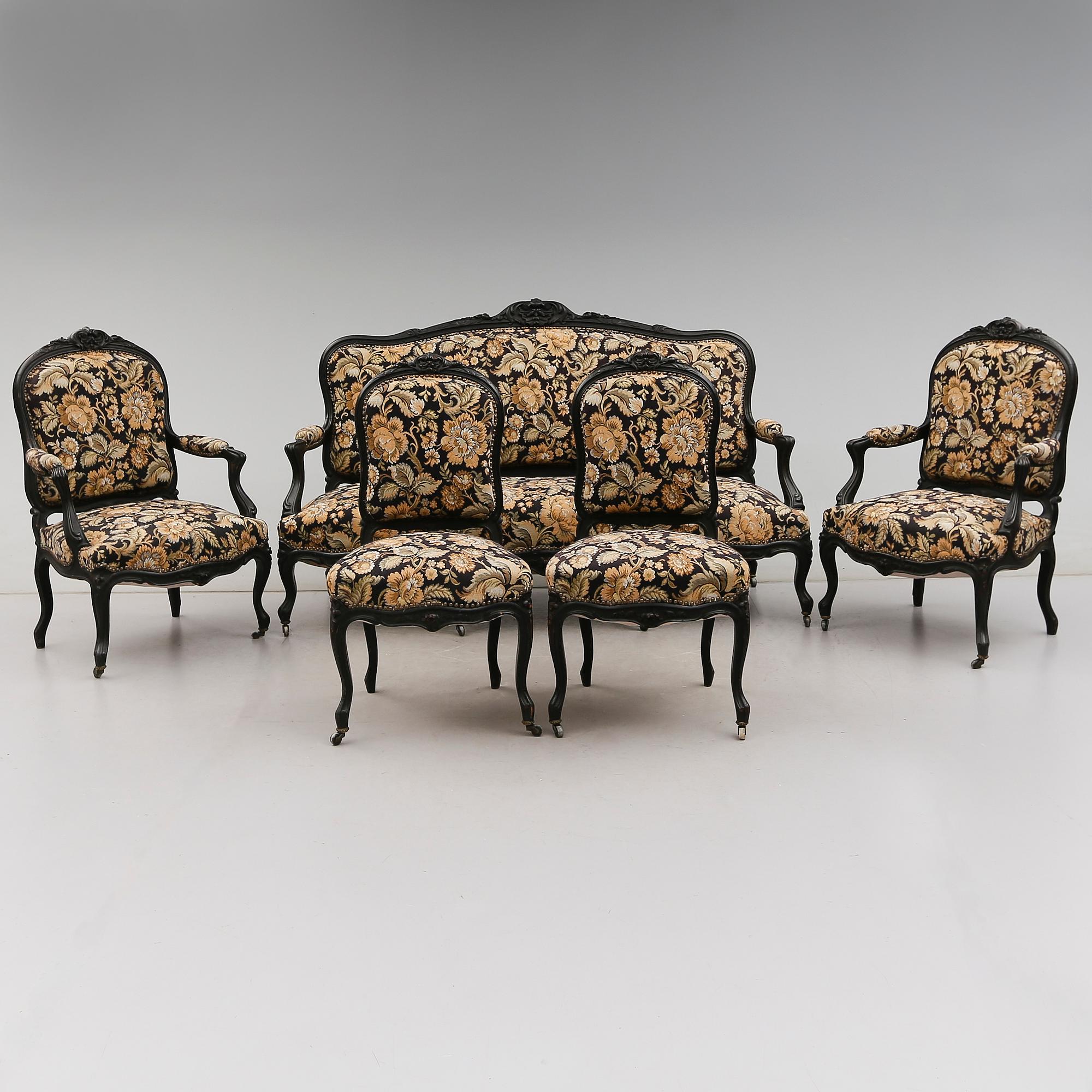 SALONGSGRUPP, 5 delar, rokokostil, 1800-talets andra hälft.