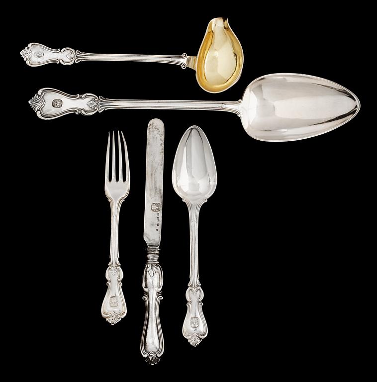 A Swedish 19th cent silver 31-pieces table service, different makers marks Stockholm 1841-1882.
