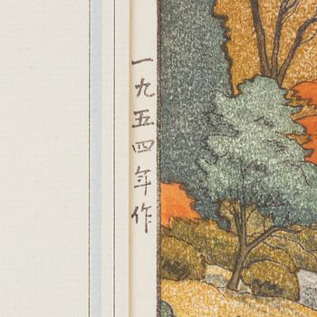 Toshi Yoshida, A woodblock print in colurs, 1954, signed in pencil.