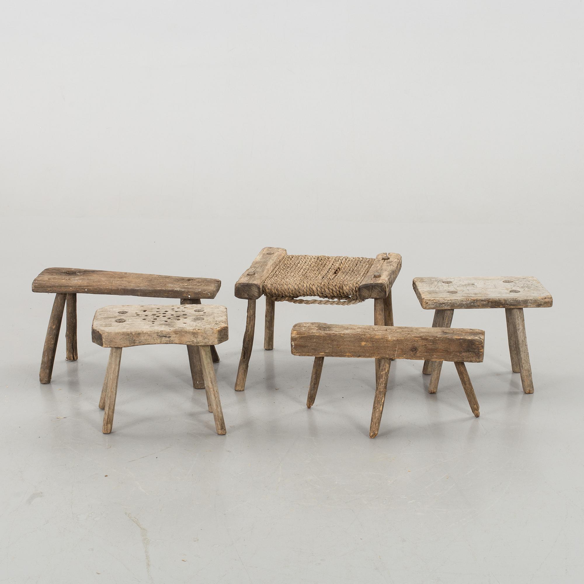 FIVE FOLKLORE STOOLS.