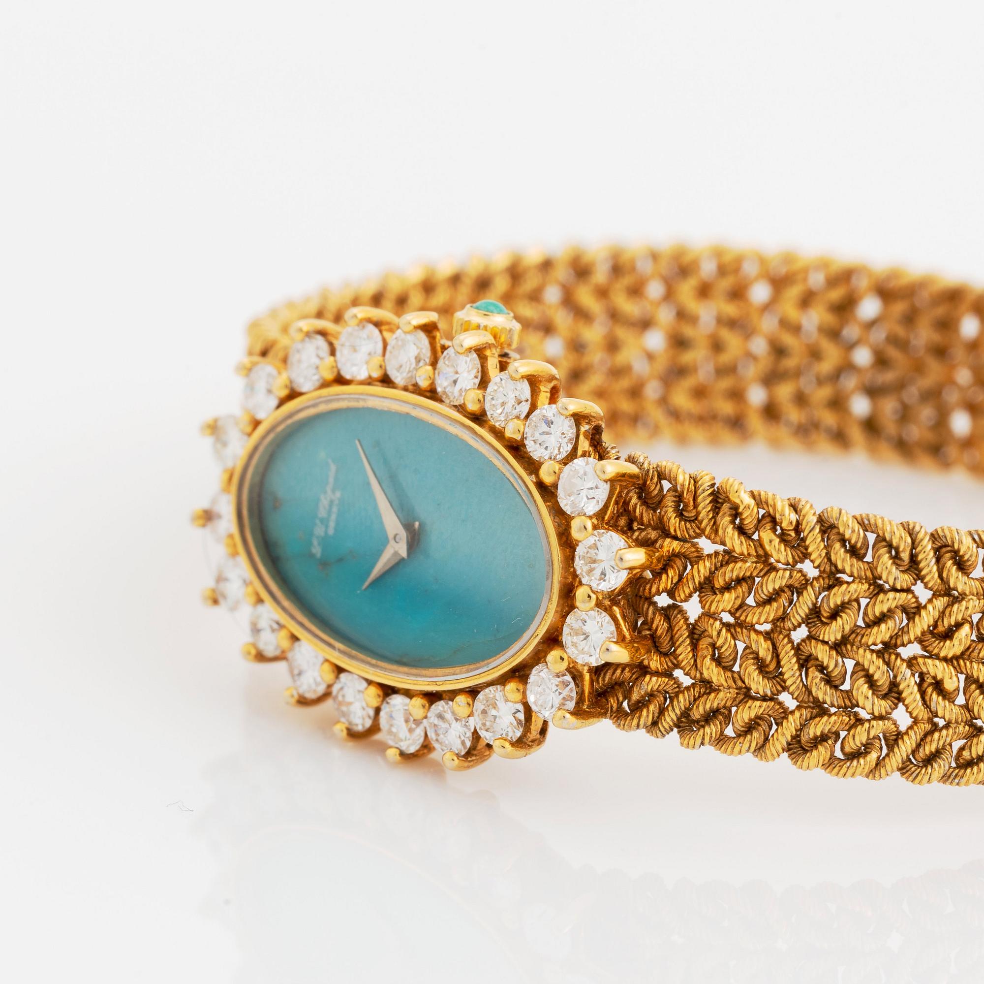 A Chopard for Kutchinsky 18K gold watch with a turquoise dial and a diamond bezel.