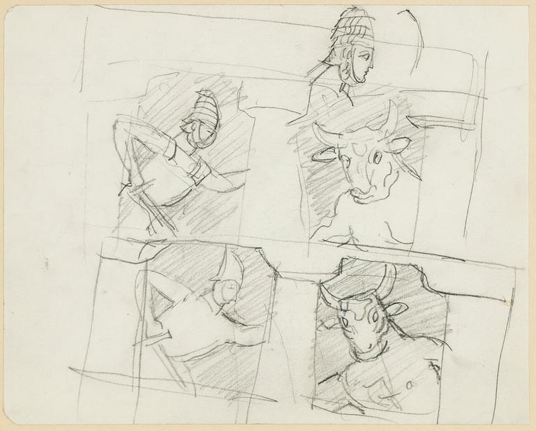 Hilding Linnqvist, pencil drawings, 2 + 3, framed together.
