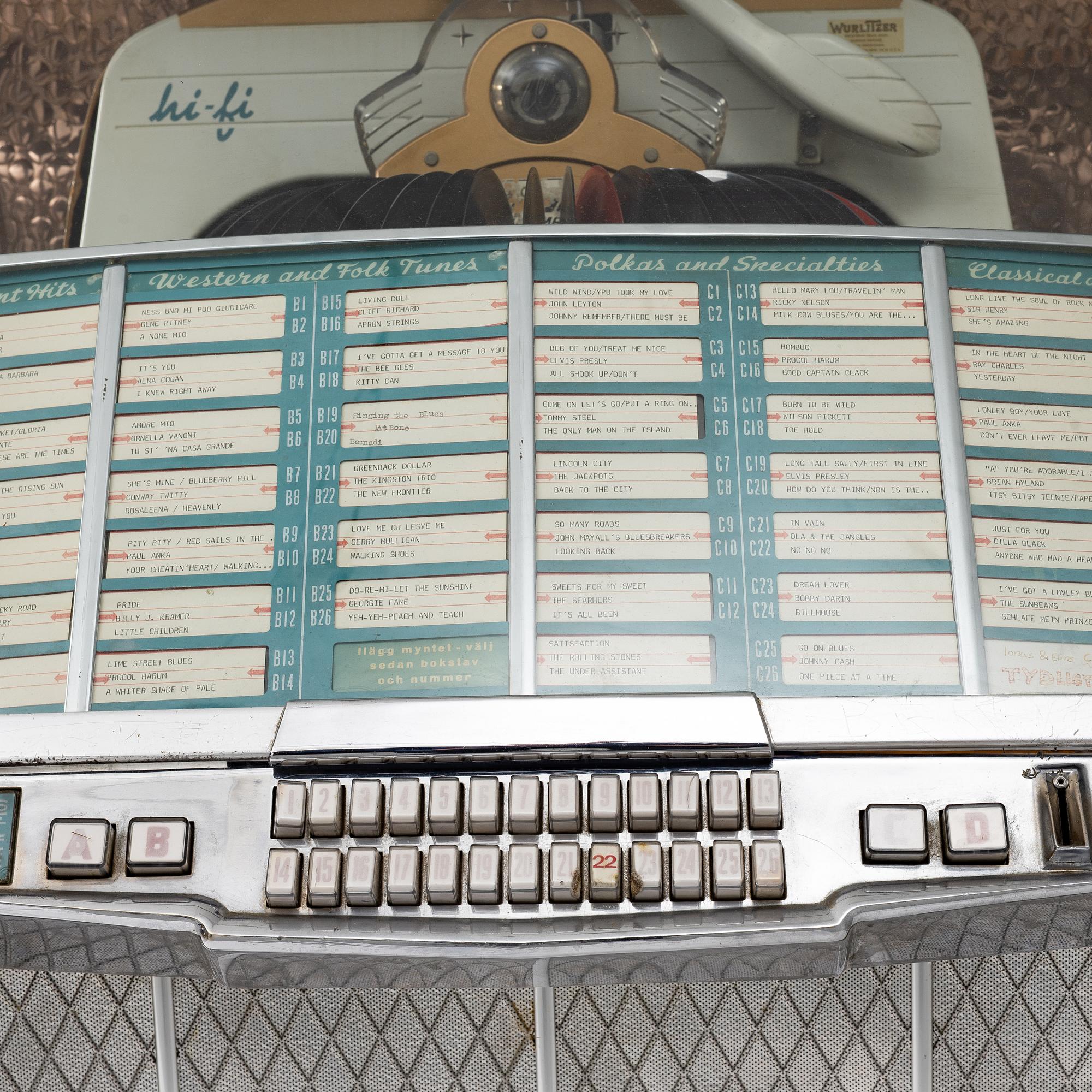Jukebox, Wurlitzer, modell 2104, Rudolph Wurlitzer Company, North Tonawanda, New York, USA, 1957.
