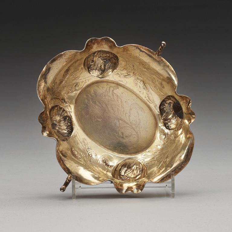 A German mid 17th century parcel-gilt sweetmeat-dish, unidentified makers mark, Nürnberg 1645-1651.