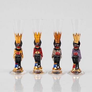 Gunnar Cyrén, four shot glasses, so-called devil glasses, from the Nobel service, Orrefors.