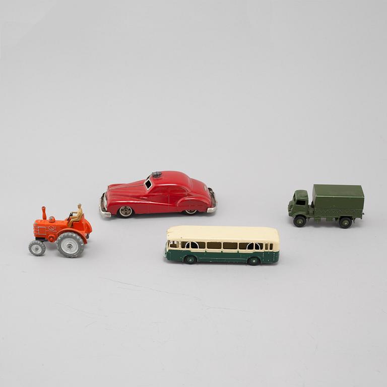 16 toy cars, mostly by Dinky Toys, from the latter half of the 20th century.