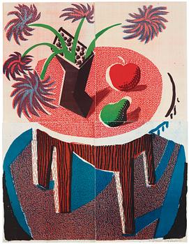 David Hockney, "Flowers, apple and pear on table".