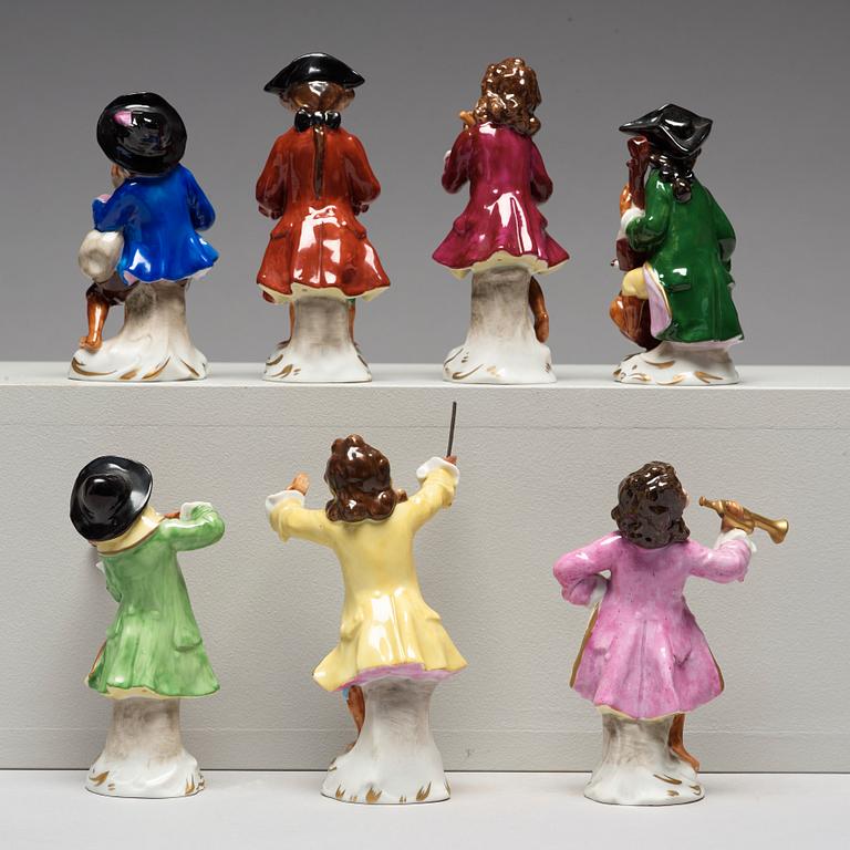 A group of seven 'Affenkapelle' porcelain figurines, Germany, Sitzendorf,  20th Century.