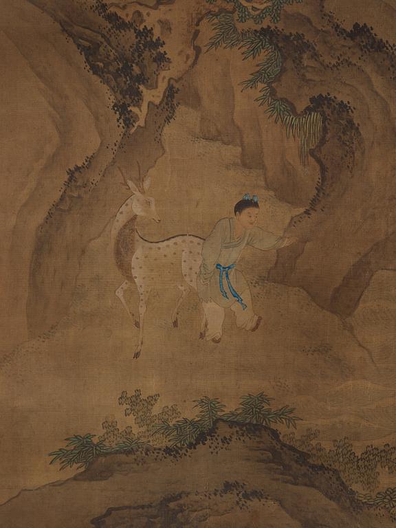 RULLMÅLNING, landskap med figurer i Tangkonstnären Zhu Nichings stil, Qingdynastin, 1800-tal.