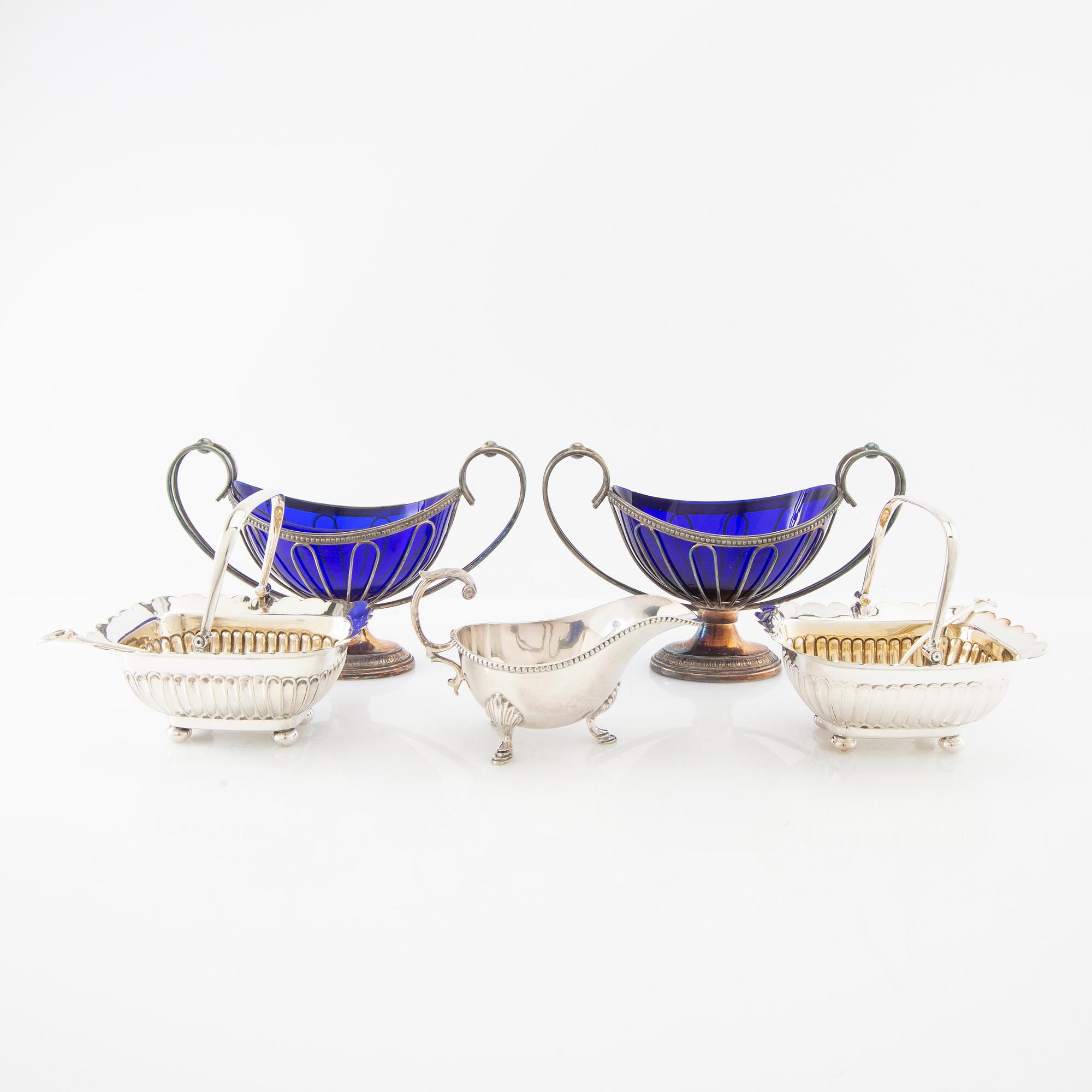 Sugar bowls 2 pairs and a cream jug, silver plate and glass, first half of the 20th century.