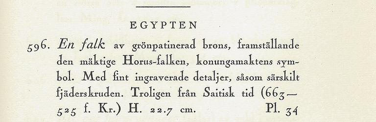 Skulptur av Horus-falken, troligen från Saitisk tid (663-525 f.Kr.) Egypten.