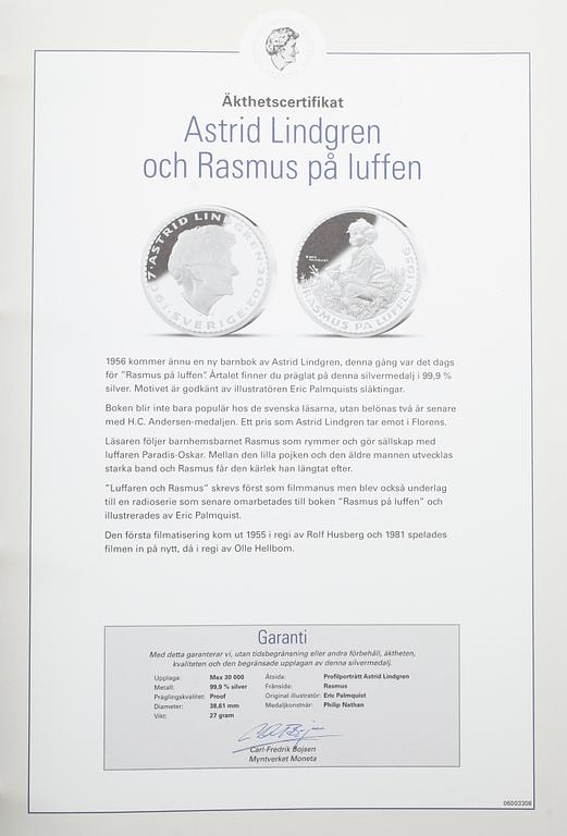 MEDALJER, 14 st, silver, Astrid Lindgren,1900-tal. Vikt ca 378 g.