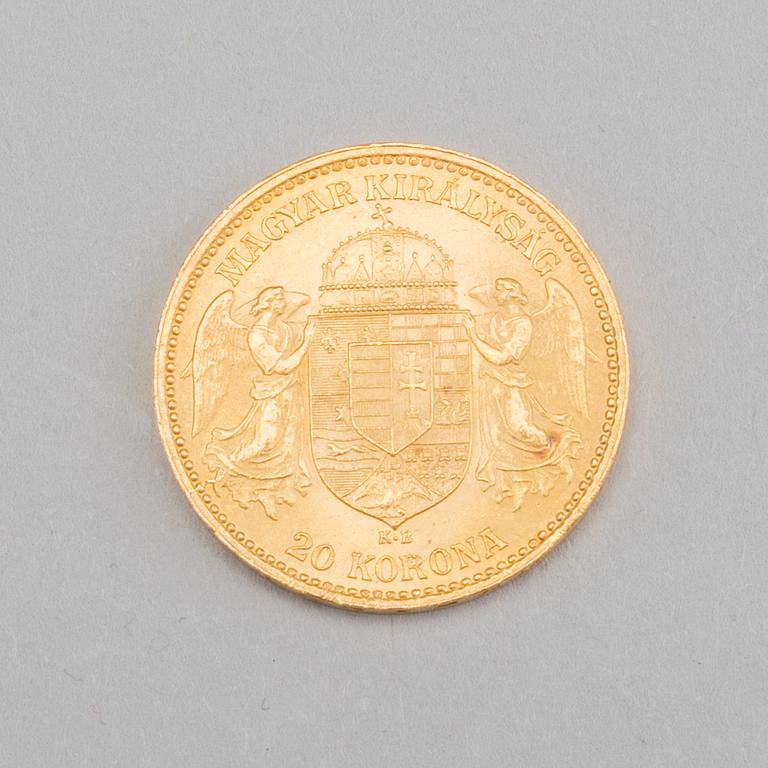 GOLD COIN HUNGARY FRANZ JOSEPH I, 20 KORONA, 1893. 23 K.