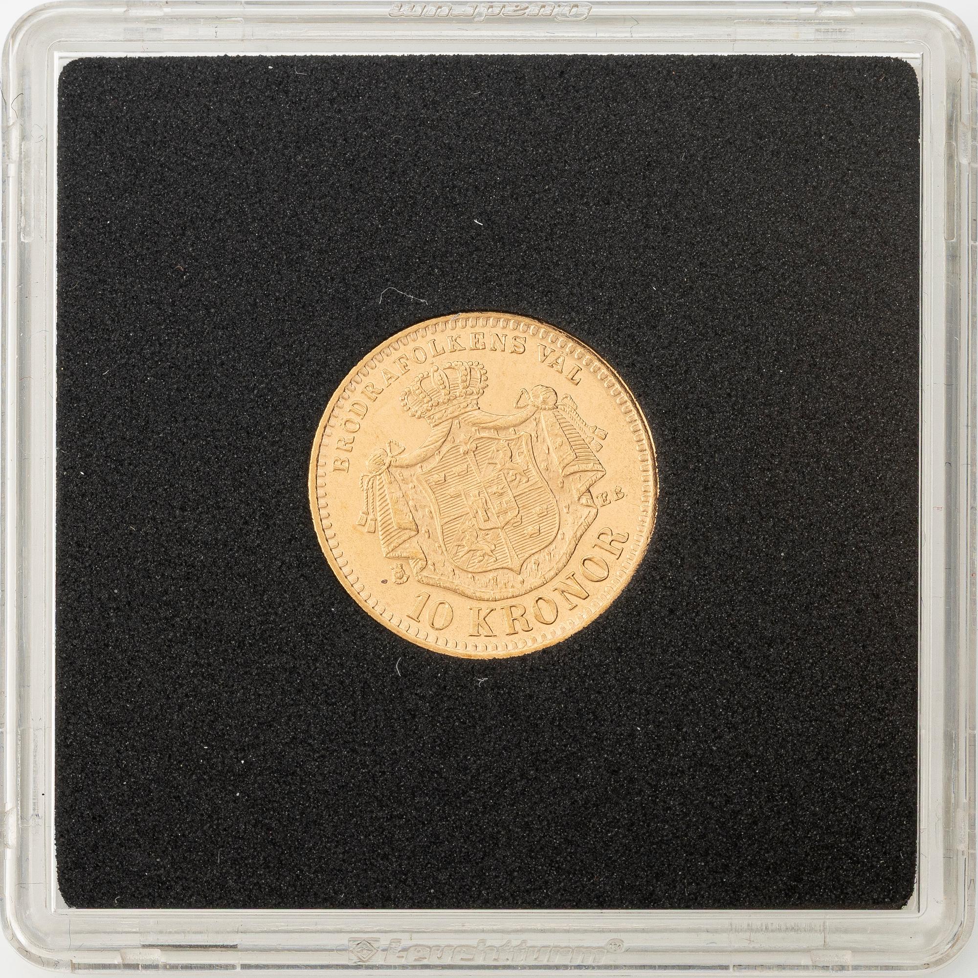 Gold coin, Oscar II, 10 kronor, type II, Sweden 1883.