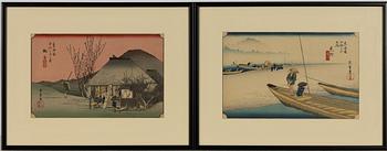 Ando Utagawa Hiroshige, after, two woodblock prints from the series 'The Fifty-three Stations of the Tōkaidō'.