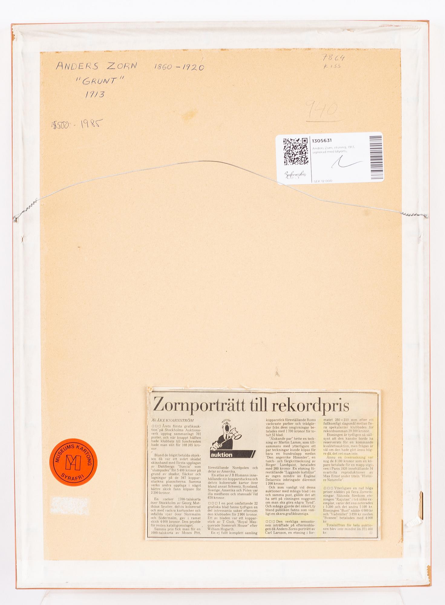 Anders Zorn, etching, 1913, signed in pencil.