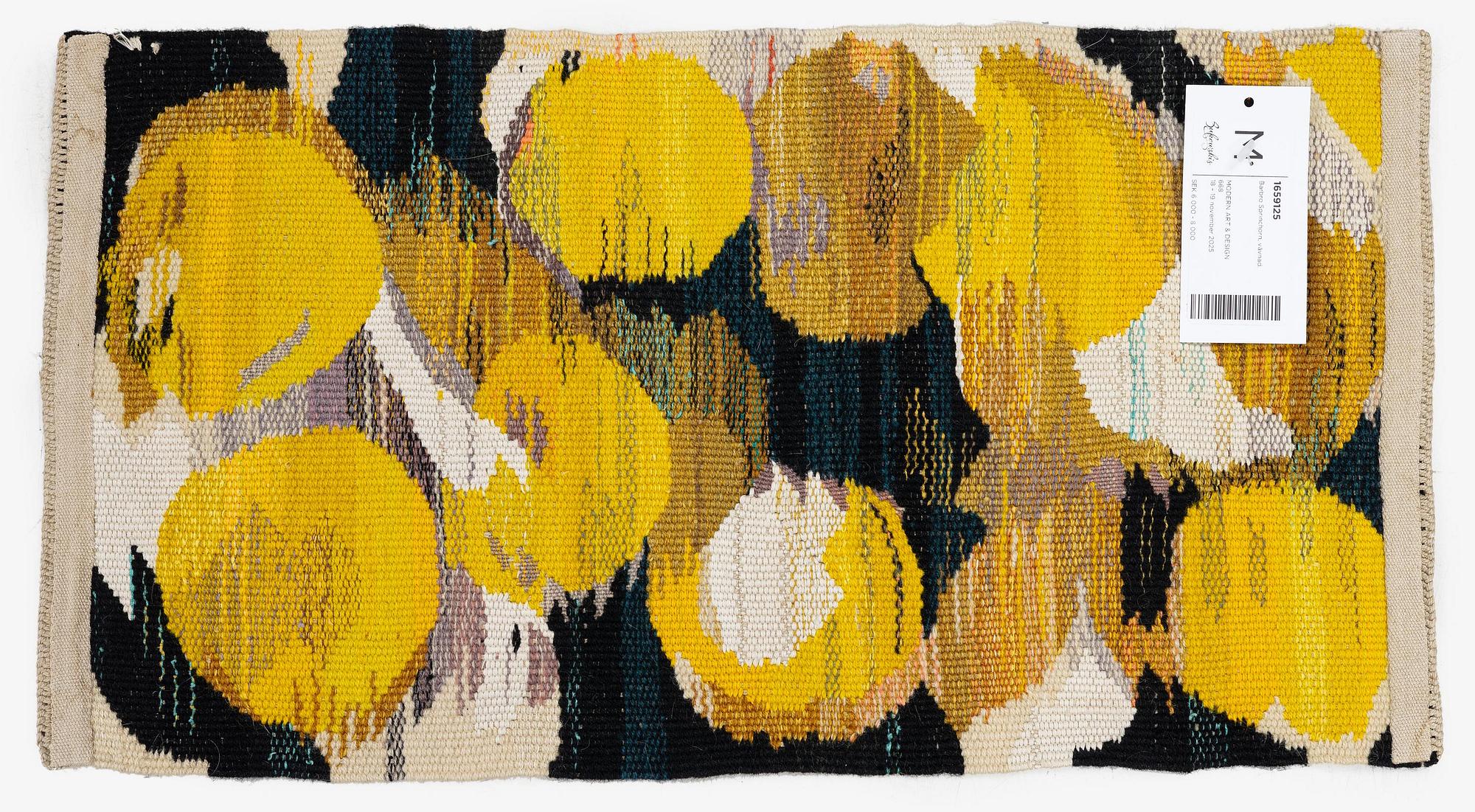 Barbro Sprinchorn, a textile, 'Tamburin', tapestry variant, c. 55 x 29 cm, signed S.