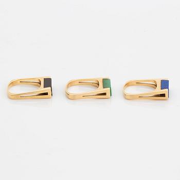Tre ringar 18K guld med lapis lazuli, onyx och grön kvarts.