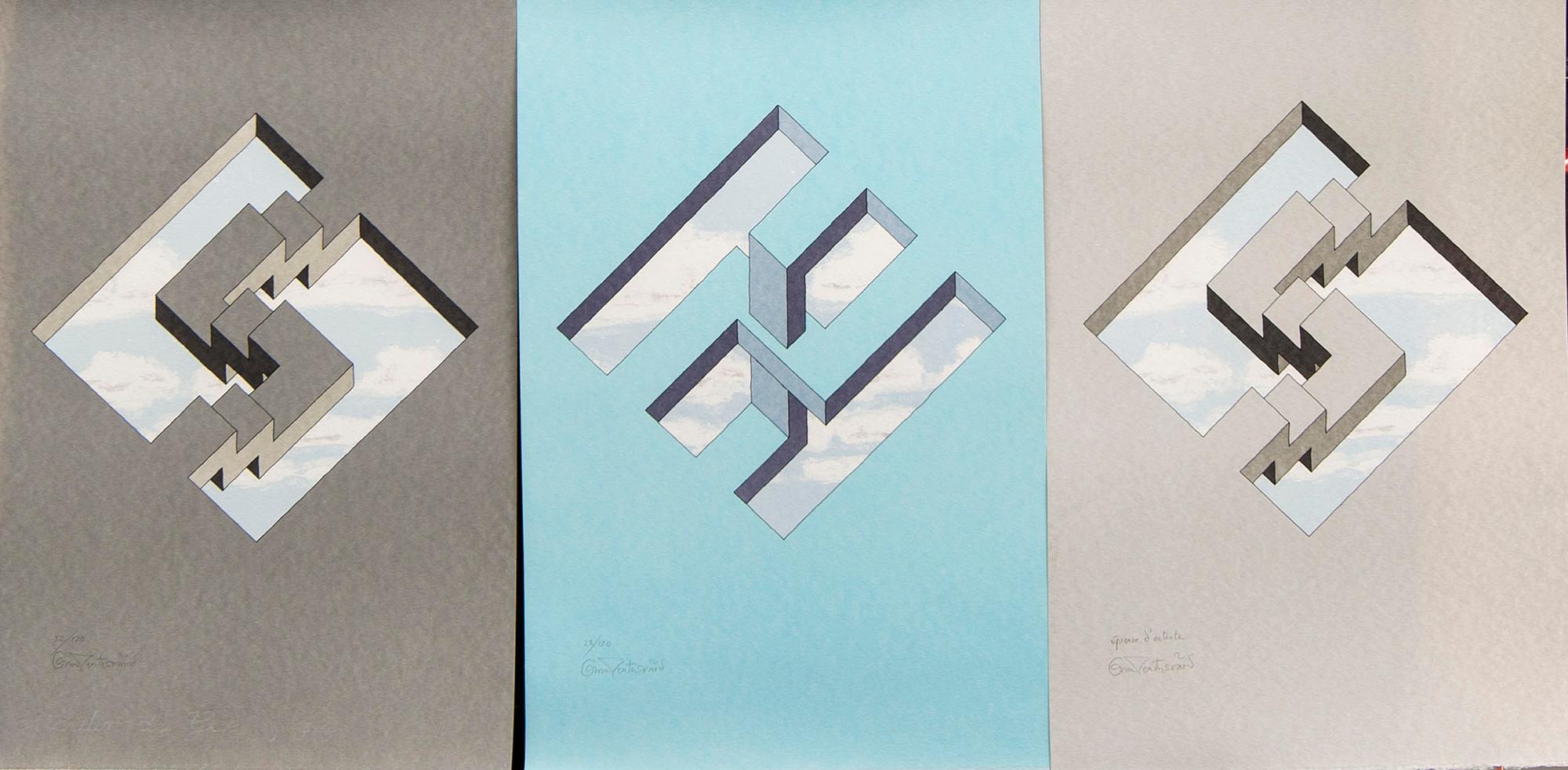 Oscar Reutersvärd, färglitografier tre st, signerade 28/120, 32/120 samt HC.